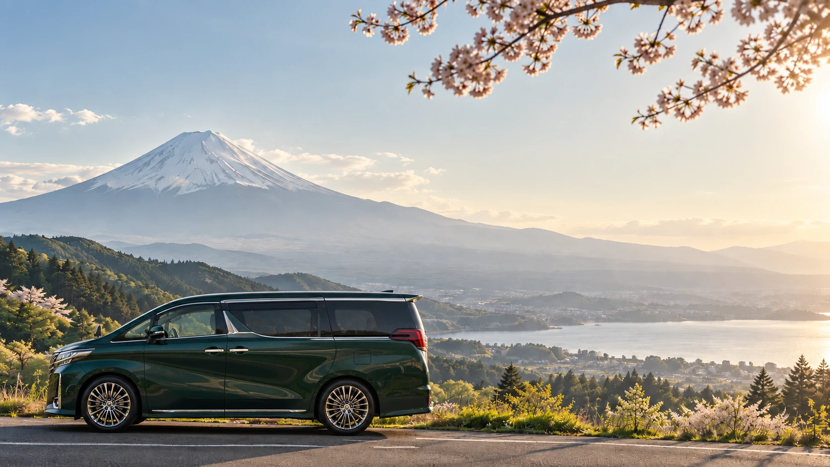 日本包車旅行實景：富士山、櫻花與深綠色豪華商務車，呈現高質感日本私人包車旅行